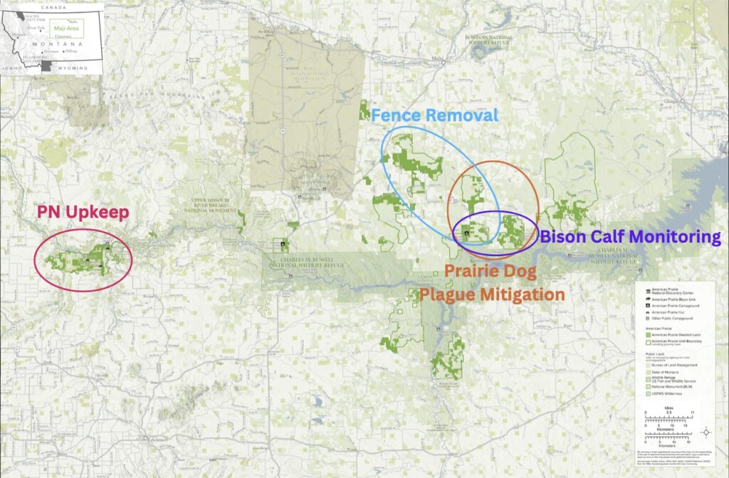 Map of American Prairie properties with Field Work volunteer locations circled and labeled.