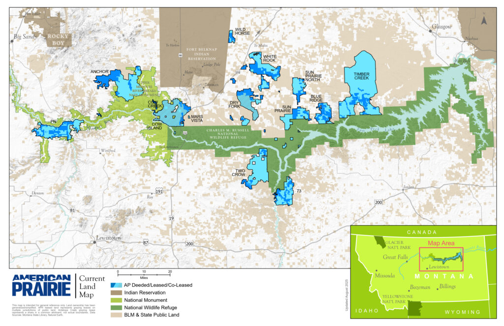 Current property map for American Prairie. Deeded acres appear in dark blue, leased acres in light blue.